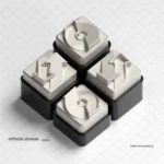 Nuclear Cube Series Keycaps. Precision geometric industrial design, contrasting black and silver premium alloy. Multiple angles shown.