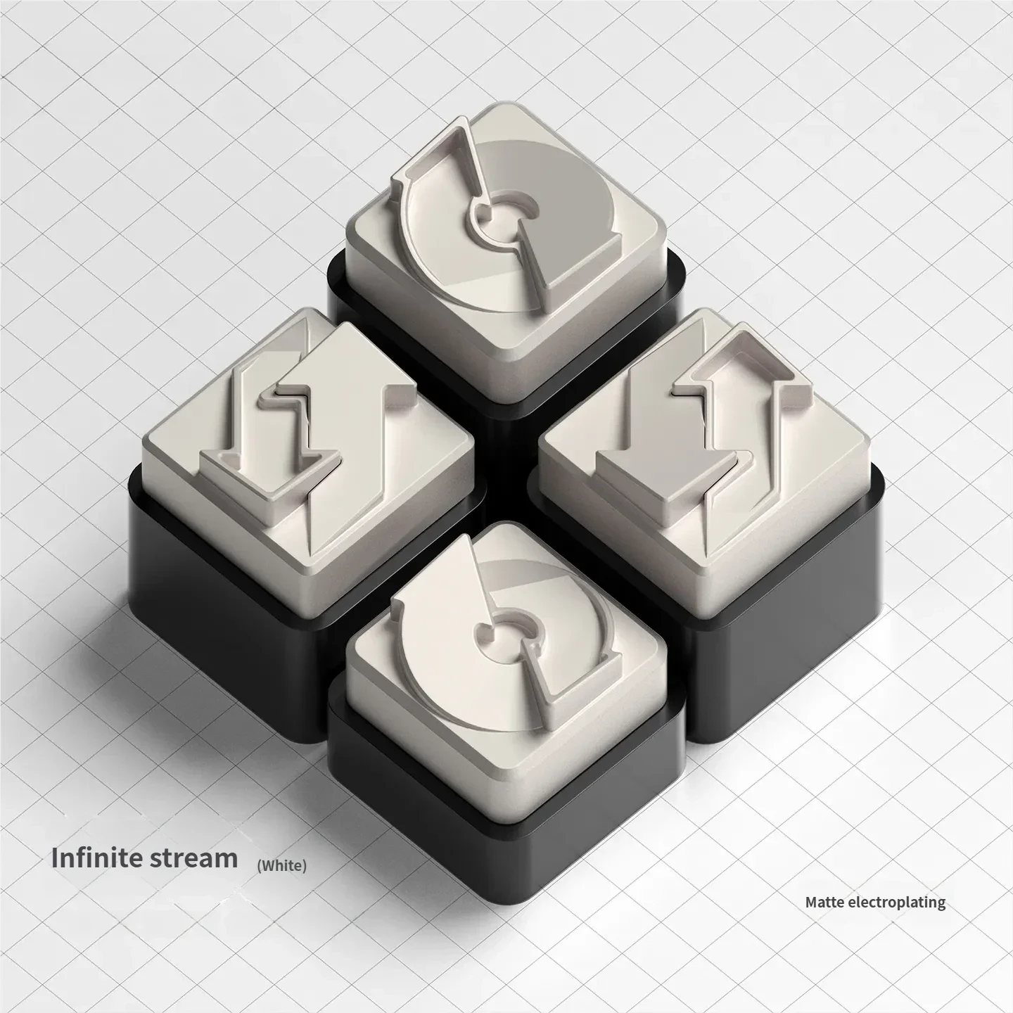 Nuclear Cube Series Keycaps. Precision geometric industrial design, contrasting black and silver premium alloy. Multiple angles shown.