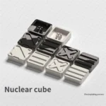 Nuclear Cube Series Keycaps presented from various angles, highlighting its geometric industrial design and premium alloy finish.