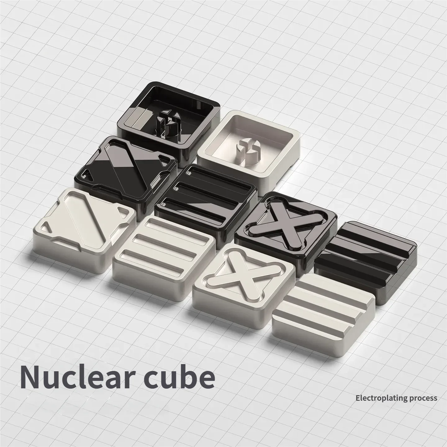 Nuclear Cube Series Keycaps presented from various angles, highlighting its geometric industrial design and premium alloy finish.