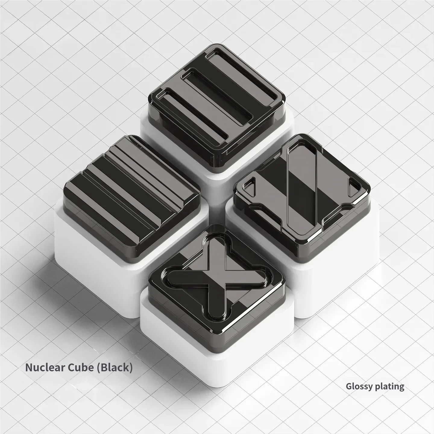 Nuclear Cube Series Keycaps, featuring a precision geometric design in premium industrial alloy with stunning high-contrast finishes.