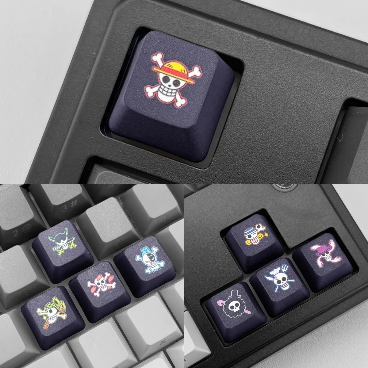 A close-up of the premium PBT One Piece keycaps, showcasing iconic pirate flags and emblems with vibrant dye-sublimated graphics.
