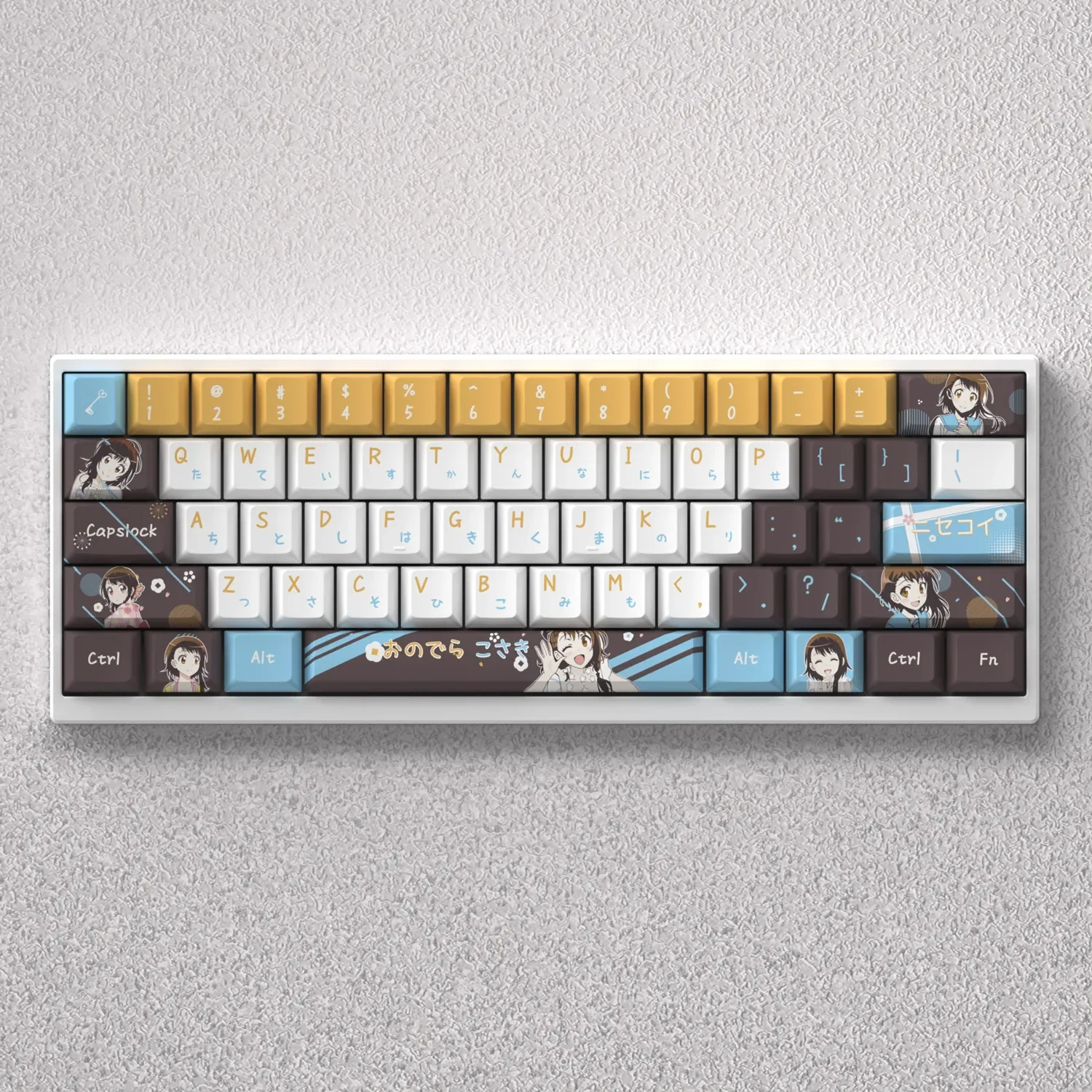 Multiple views of the premium Onodera Kosaki anime PBT dye-sub keycap set, featuring exclusive vibrant character art, enhancing any keyboard.