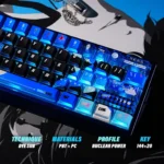 Multiple angles of the exclusive P3R keycaps gaming set, showcasing the vibrant nuclear blue PBT dye-sublimation with dynamic side-lit Persona 3.