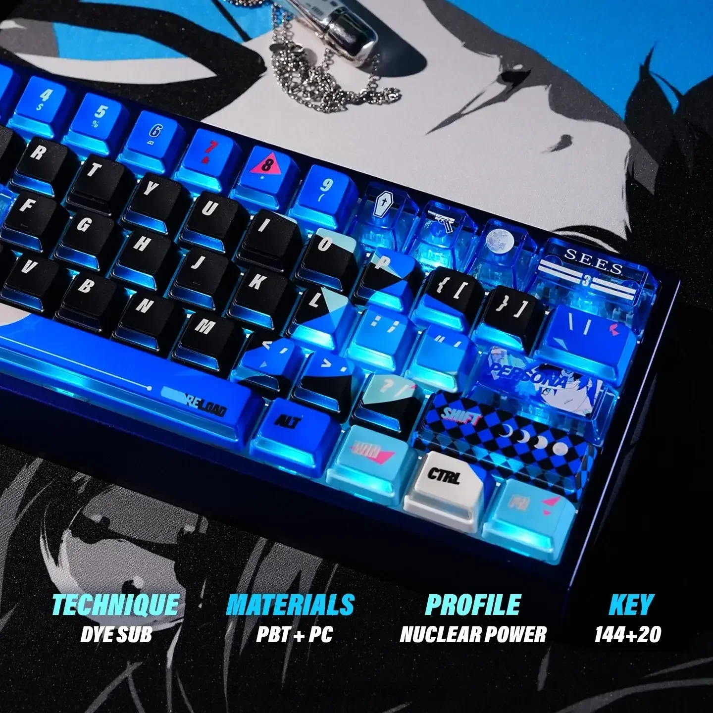 Multiple angles of the exclusive P3R keycaps gaming set, showcasing the vibrant nuclear blue PBT dye-sublimation with dynamic side-lit Persona 3.
