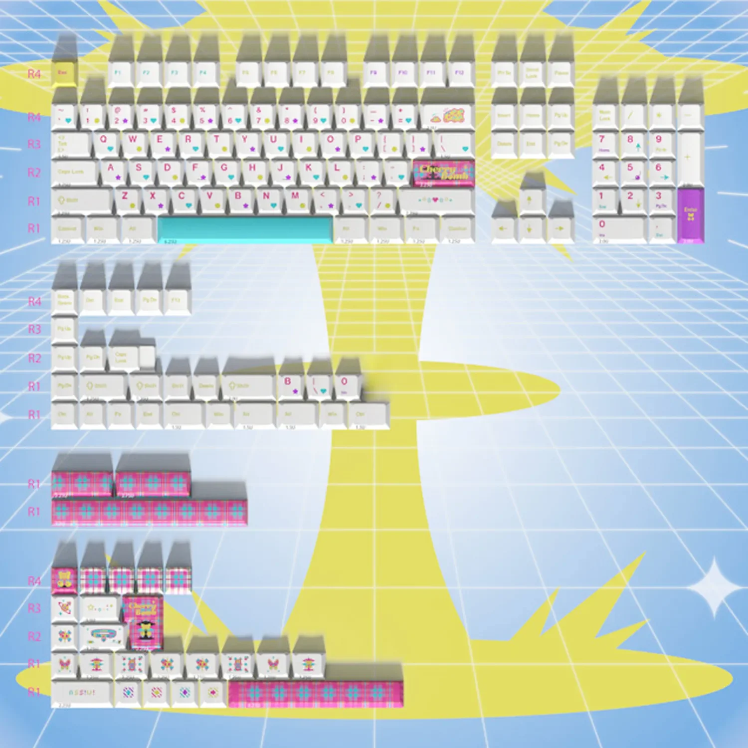 Playful CherryBomb PBT keycaps set in a crisp white aesthetic with an energetic pop, highlighting durable Cherry dye-sublimation for mechanical keyboards.