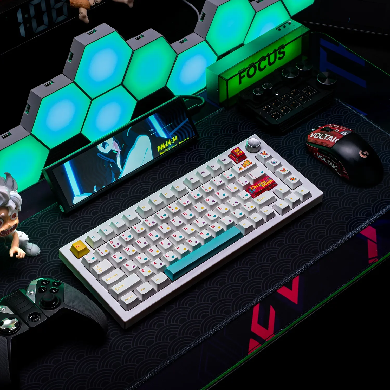 A playful gallery of CherryBomb PBT keycaps set, showcasing the durable dye-sublimated Cherry set in crisp white with energetic pops from various angles.