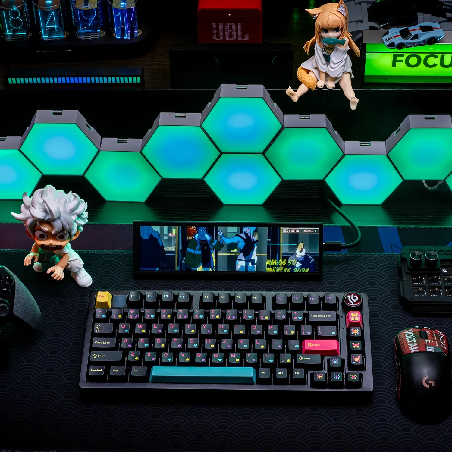 Multiple angles of CherryBomb Playful PBT Keycap Set, highlighting their durable Cherry dye-sublimated construction and crisp white, energetic design.
