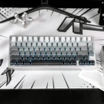 Polar Day Refracted Shadow PBT side-print keycaps set showcase their angular, translucent design with crisp lines and dramatic light-and-shadow effects.