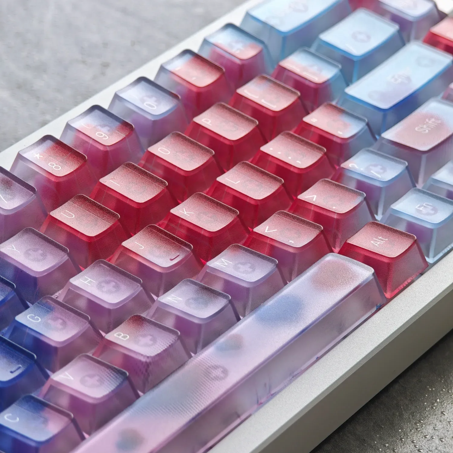Ethereal Glow PC Keycap Set gallery showing premium misty translucent keycaps from various angles, highlighting their backlight-ready elegance.