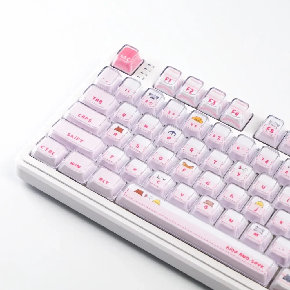 Playful pink peek-a-boo cat keycap set for mechanical keyboards, featuring a whimsical crystal jelly design shown from multiple angles.