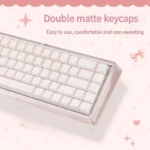 Elegant pink mechanical keyboard displayed from multiple angles, highlighting its soft pastel matte finish, minimalist design, and silent wireless connectivity design.