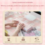 Gallery of an elegant pink mechanical keyboard, highlighting its soft pastel matte finish, silent wireless typing, and customizable aesthetic.