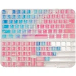Luminous Pink Ocean PC keycaps set. Ethereal pink ocean gradient, translucent for vibrant RGB light. Artistic design shown from various angles.