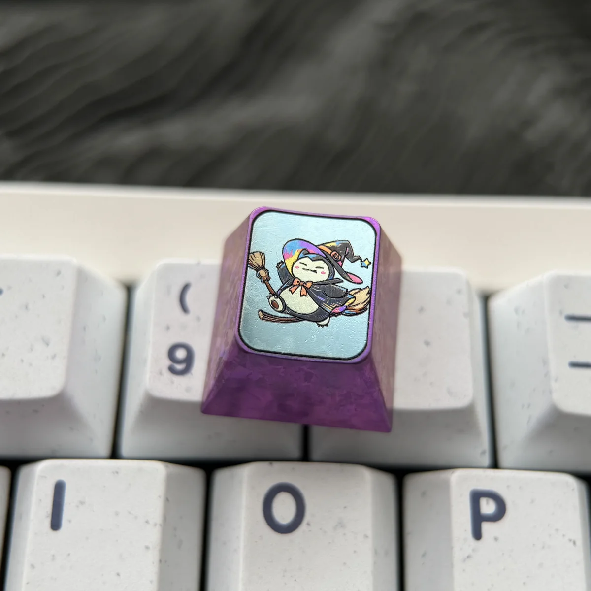Multiple angles of a premium Pokemon Halloween titanium ESC keycap, revealing its vibrant anime characters, intricate details, and unique collectible.