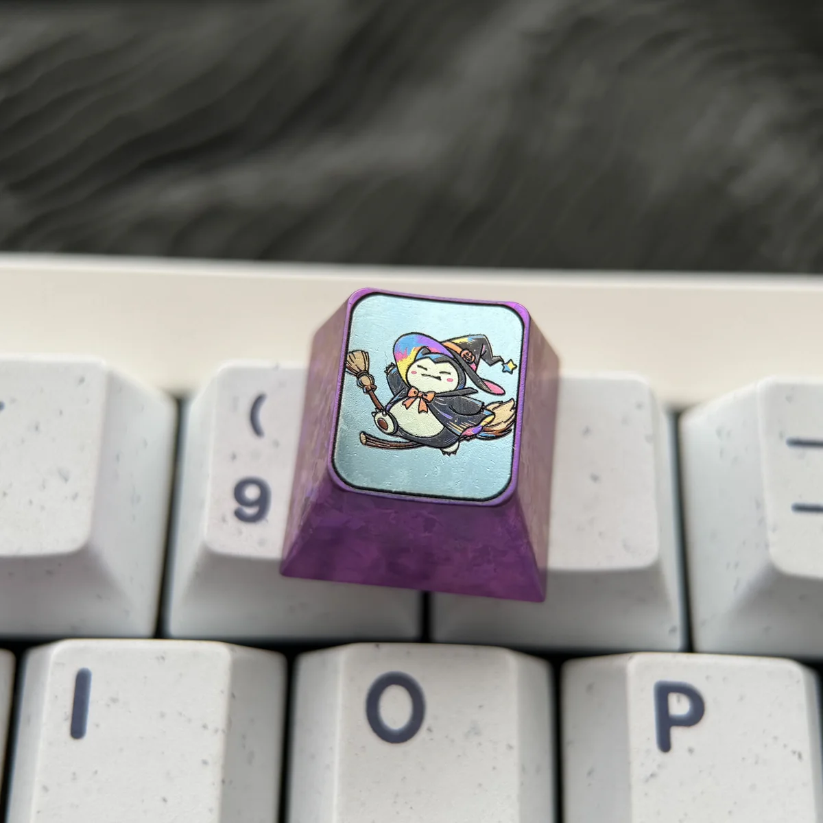 Premium titanium Pokemon Halloween ESC keycap, featuring vibrant anime characters in costumes with metallic finish and intricate details, a true colletors.