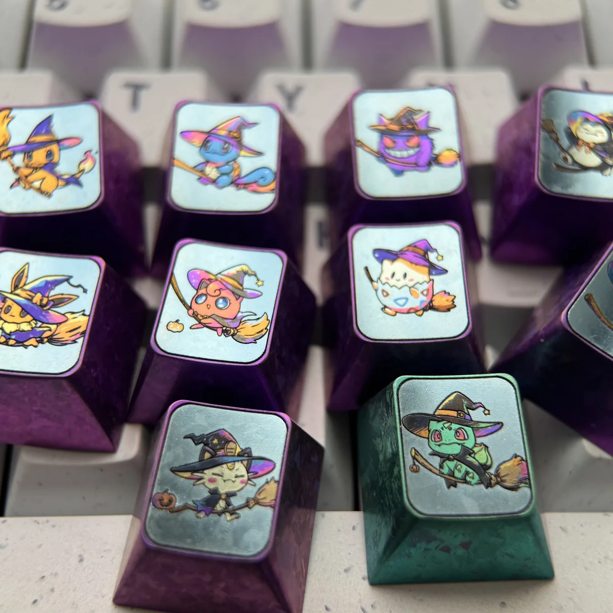 Premium Titanium Pokemon Halloween ESC keycap, a vibrant anime-style collectible with intricate metallic details for custom keyboards.