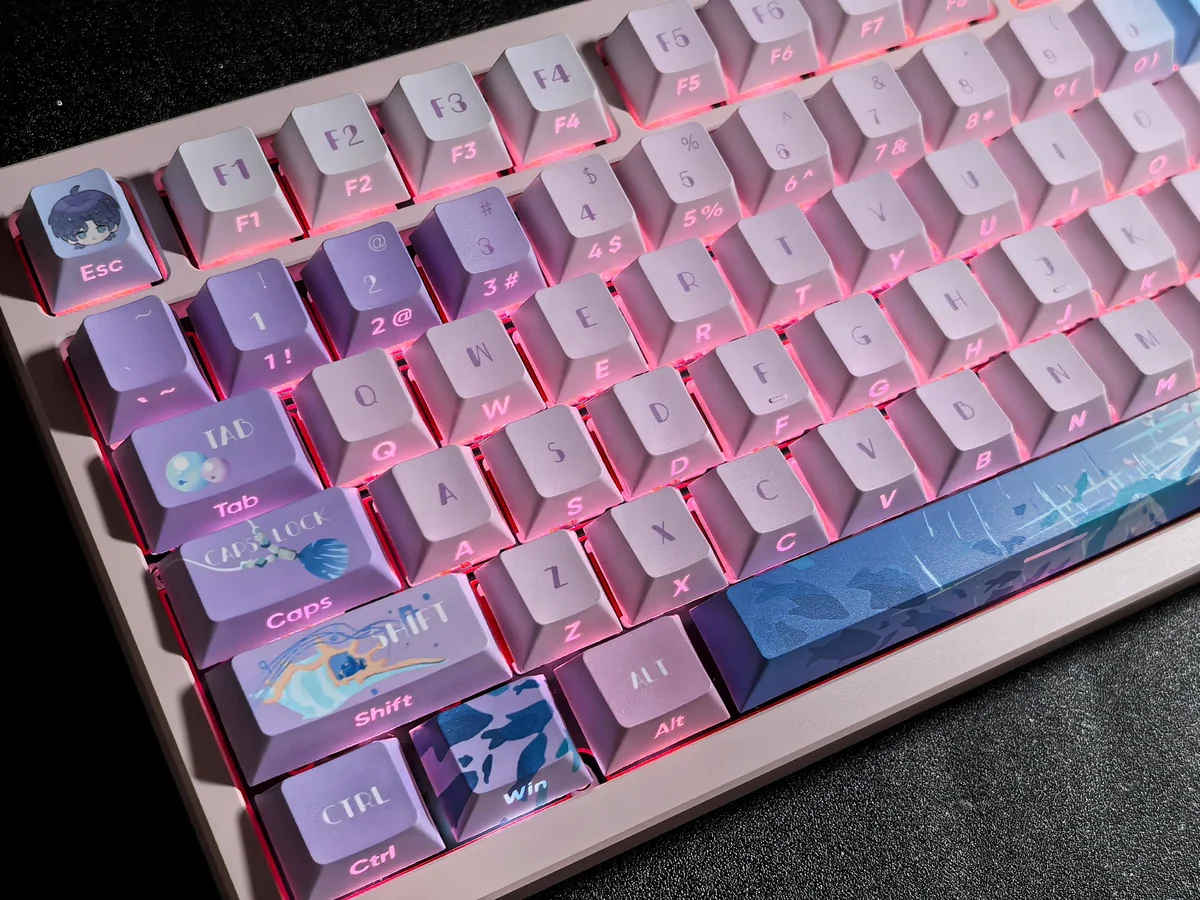 Rafayel Keycap Set. Exclusive double-shot PBT keycaps with elegant character-inspired motifs and clean side-engraved legends.