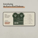 Detail shot of the Reel to Reel Desk Mat, highlighting its unique vintage audio aesthetic and retro analog equipment legends from multiple angles.