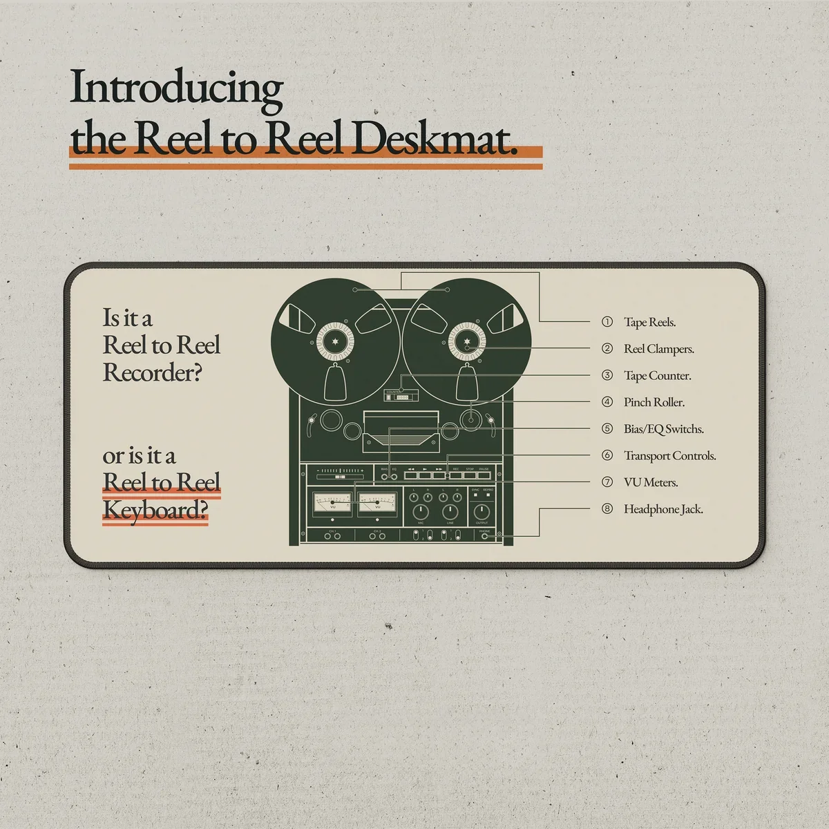 Premium Reel to Reel Desk Mat featuring a captivating vintage audio aesthetic, detailed legends inspired by retro analog equipment, and warm nostalgic tones.