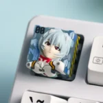 Iconic Rei Ayanami translucent resin keycap, custom-crafted for mechanical keyboards, glows with an ethereal backlit effect.