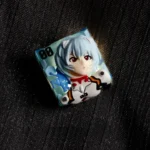 Ethereal Rei Ayanami translucent resin keycap gallery, highlighting its intricate custom design and subtle glow for mechanical keyboards.