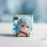 Multiple views of the ethereal Rei Ayanami translucent resin keycap, showcasing its iconic design and subtle backlit glow on a mechanical keyboard.