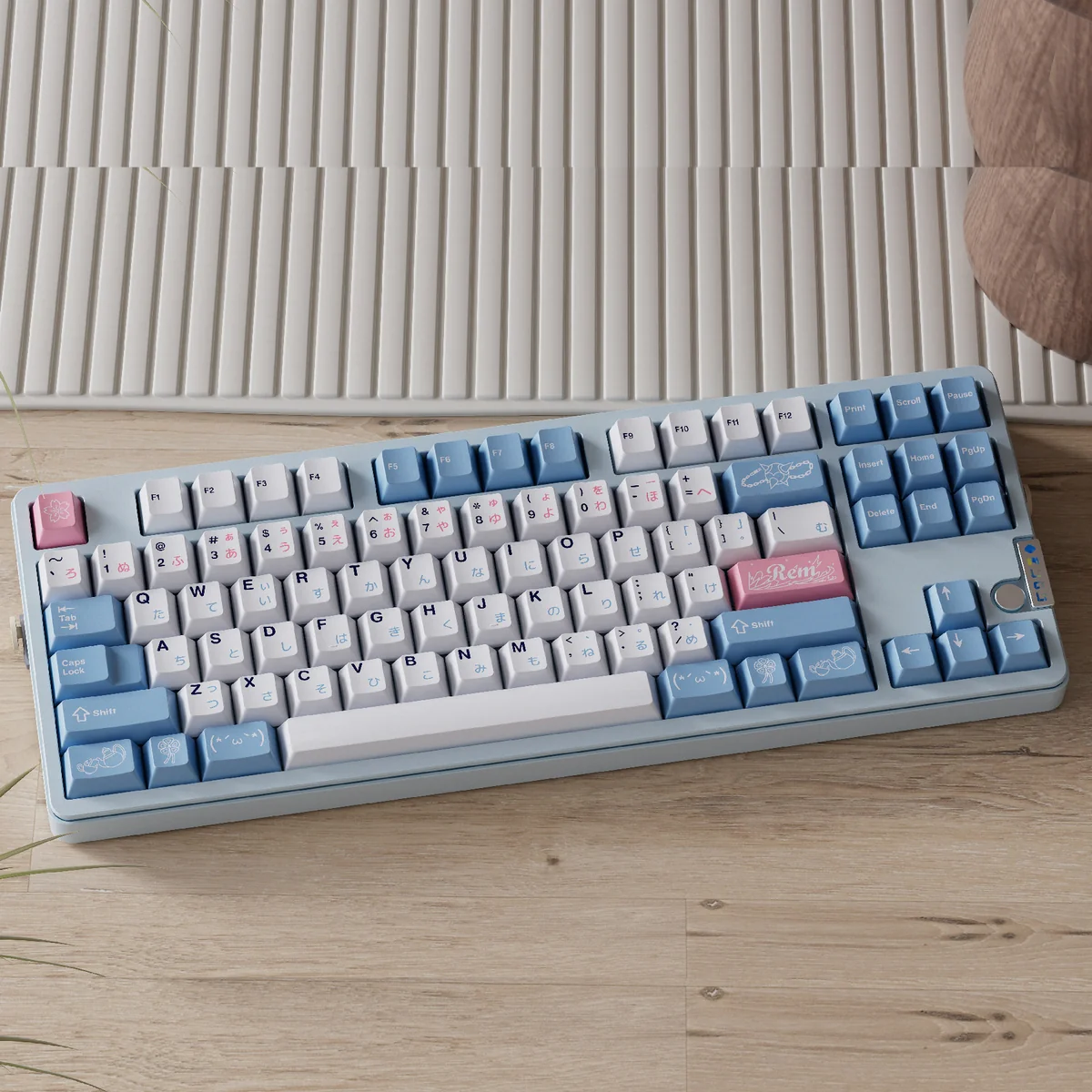 Exclusive Rem PBT Dye-Sub Keycaps set from the Re:Zero Maid Set, with a charming anime aesthetic. Vibrant blue and white, these playful keycaps feature favor character.