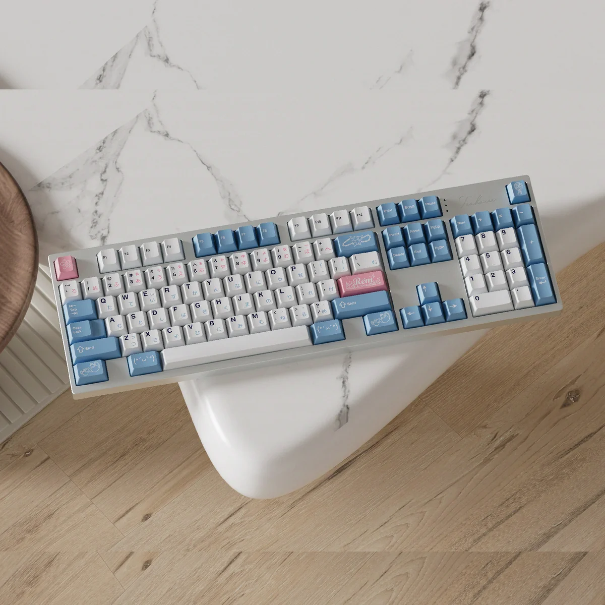 Rem PBT Dye-Sub Keycaps set for Re:Zero Maid Set, displaying charming anime details in vibrant blue and white from multiple angles. Exclusive design.