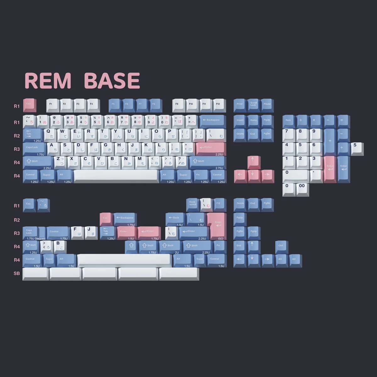 Vibrant blue and white Rem Re:Zero maid PBT dye-sub keycaps set base set, an exclusive anime aesthetic for your keyboard.