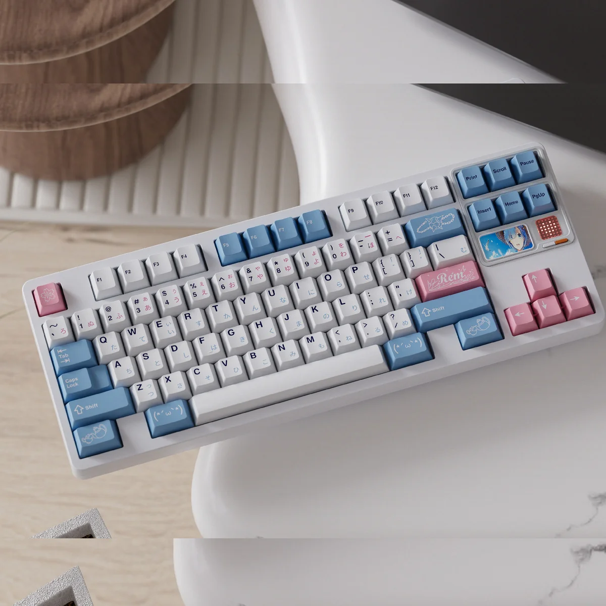 Showcasing exclusive Rem PBT Dye-Sub keycaps set, the Re:Zero Maid Set features vibrant blue and white anime artistry.