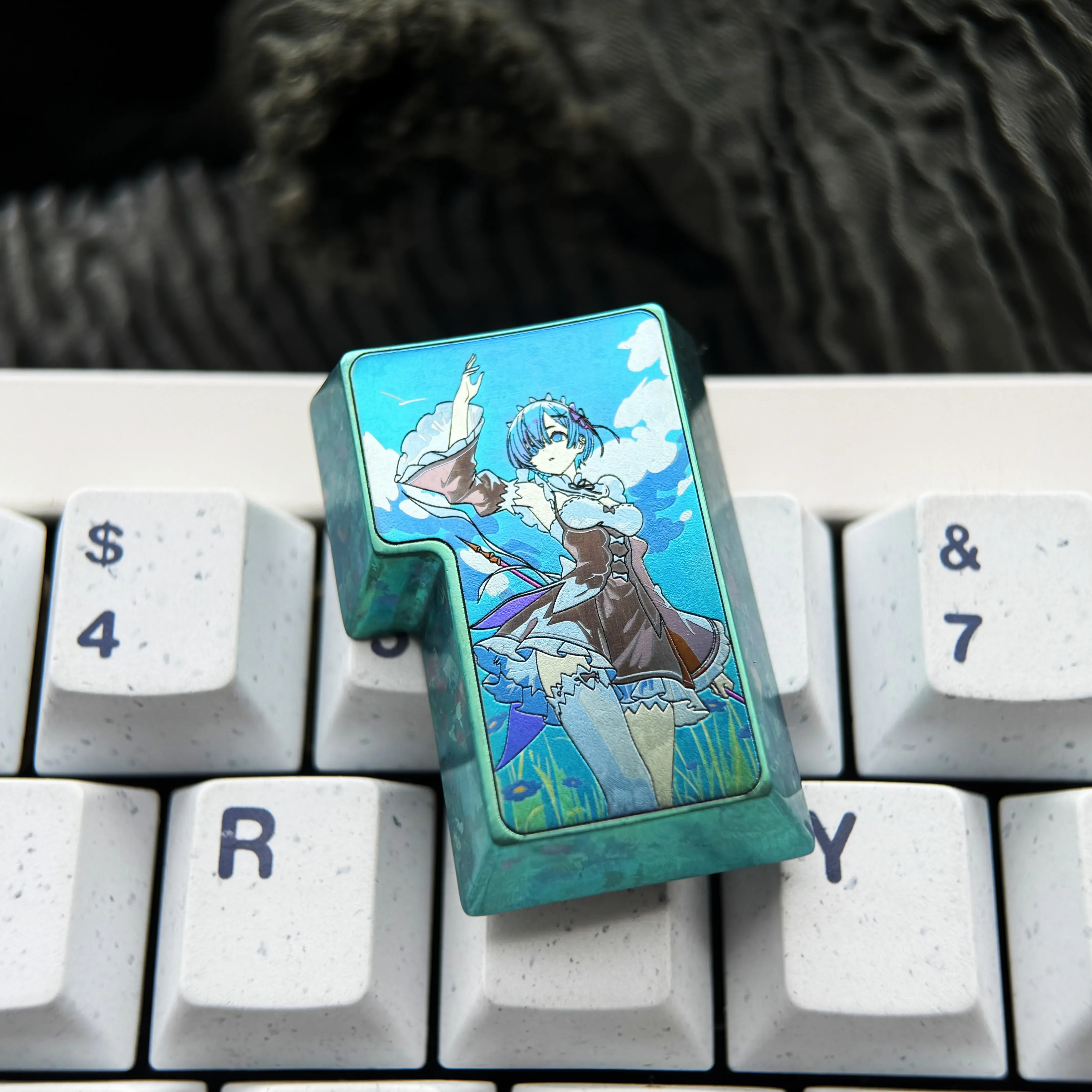 Exclusive Rem Titanium Alloy Enter keycap from Re:Zero, featuring vibrant anime character art on a polished, durable titanium canvas.
