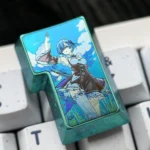 Detailed views of the exclusive Rem Titanium Alloy Enter keycap, featuring vibrant Re:Zero anime character art and a polished, premium finish.