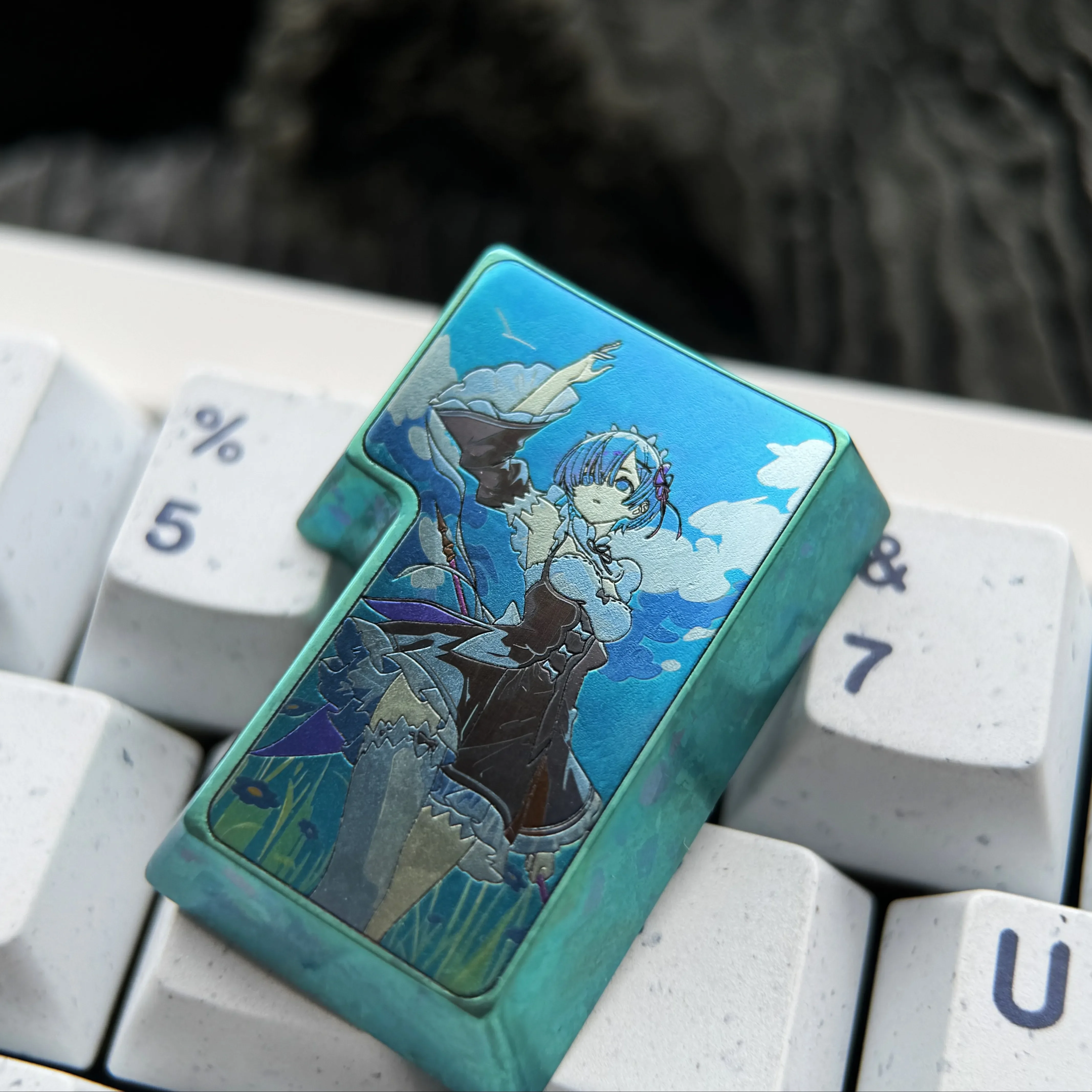 Exclusive Rem Titanium Alloy Keycap gallery showcasing the vibrant Re:Zero anime art and premium craftsmanship from various angles.