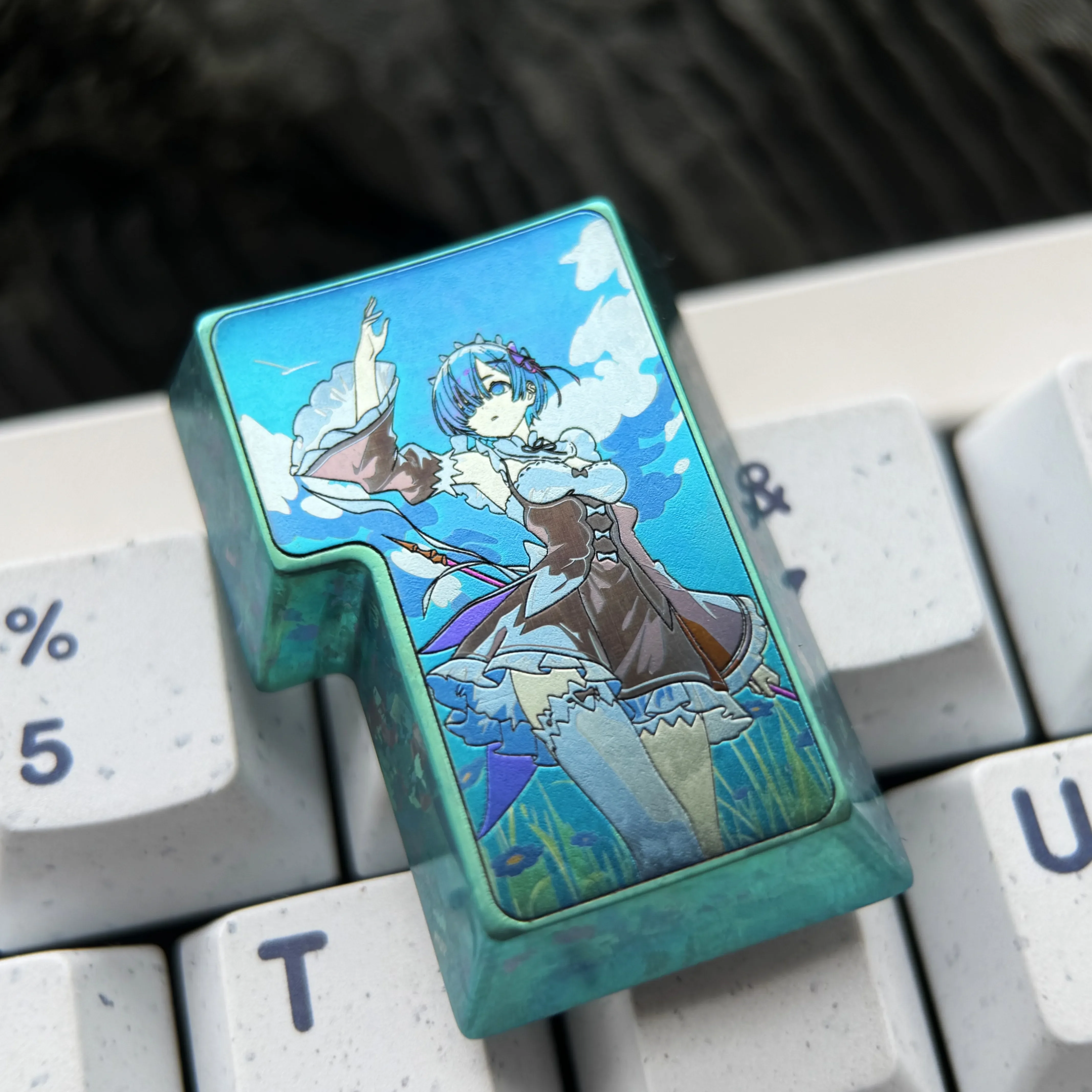 Gallery view of the premium Rem Titanium Alloy Keycap. Features vibrant Re:Zero anime art and polished titanium, highlighting exclusive Enter Key.