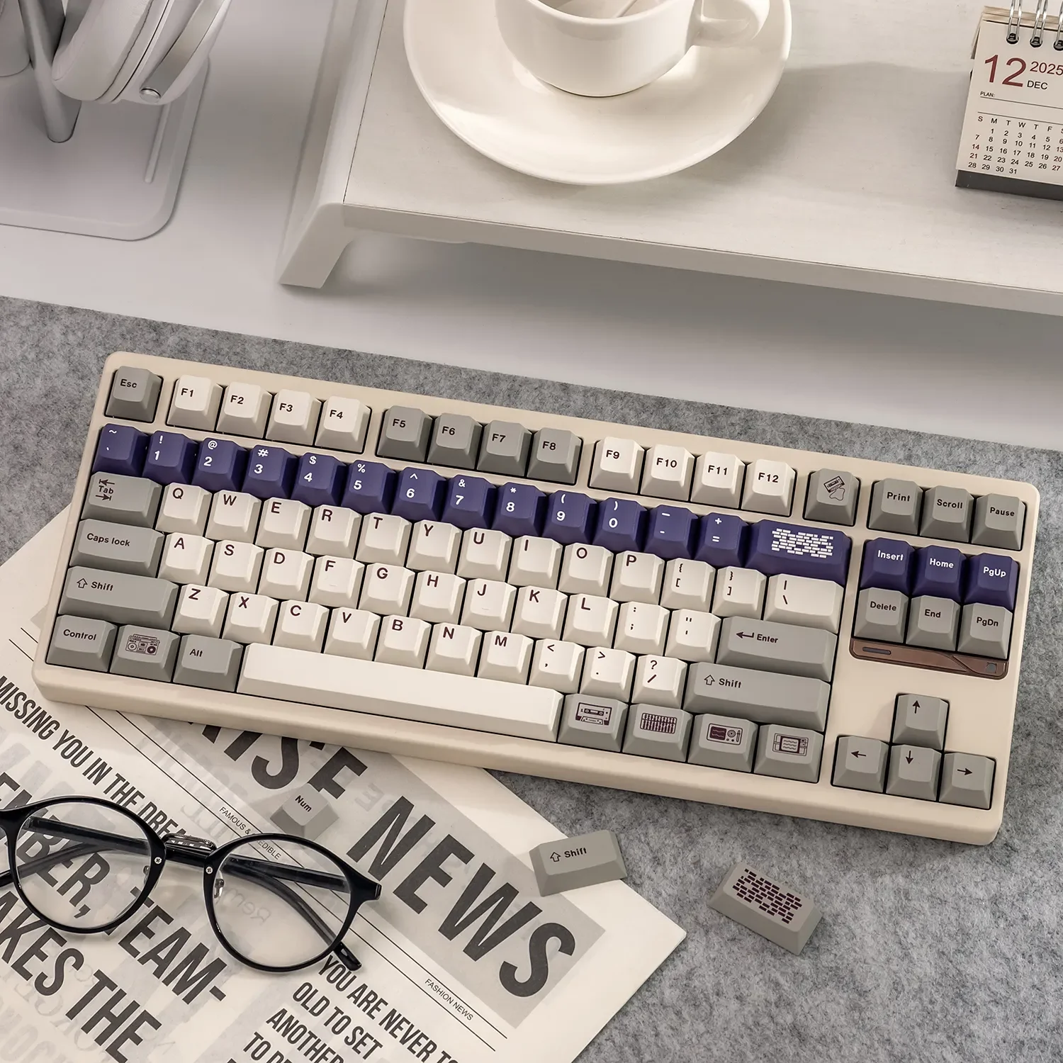 A collection of Retro Flooding Series Cherry Keycap Set showcasing their classic vintage aesthetic and crisp legends from various angles view.