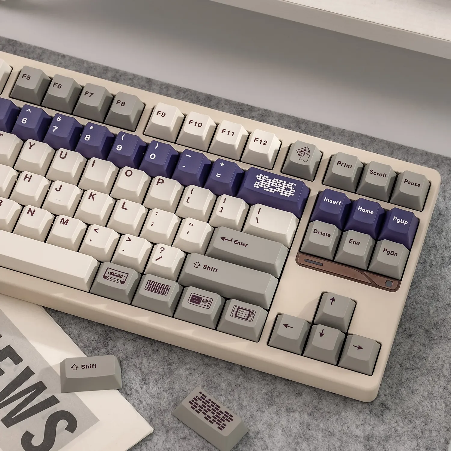 Gallery of Retro Flooding Series Cherry Keycap Set, highlighting their classic vintage aesthetic and crisp legends from various angles. Perfect