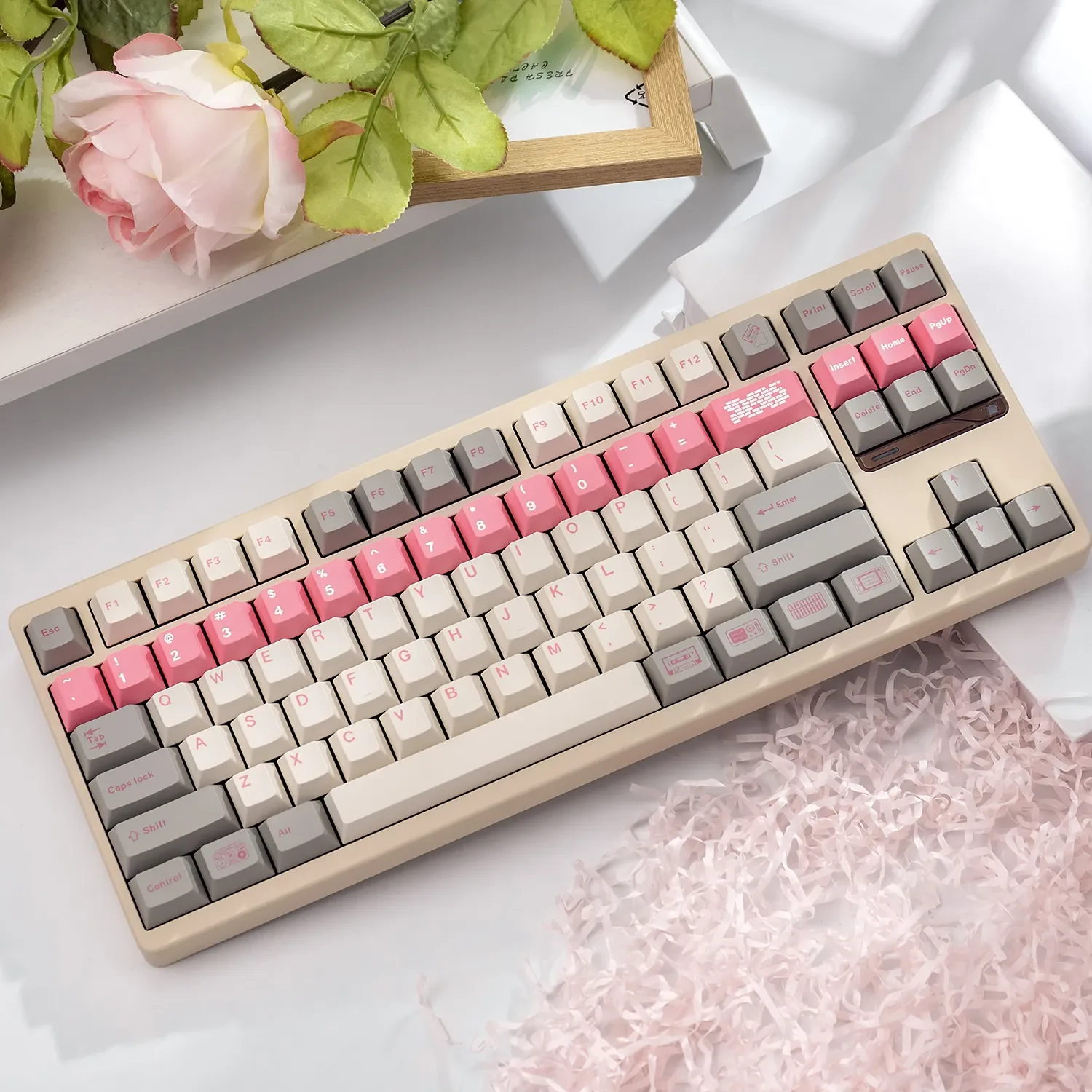 Gallery view of Retro Flooding Series Cherry Keycap Set for custom mechanical keyboards, highlighting their vintage design and crisp PBT legends.
