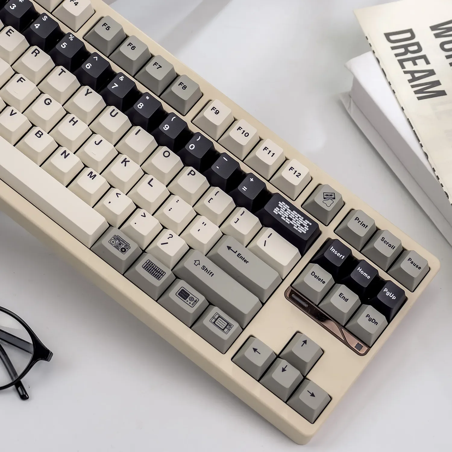 View Retro Flooding Series Cherry Keycap Set from various angles, revealing crisp vintage legends and crucial magnetic switch compatibility.
