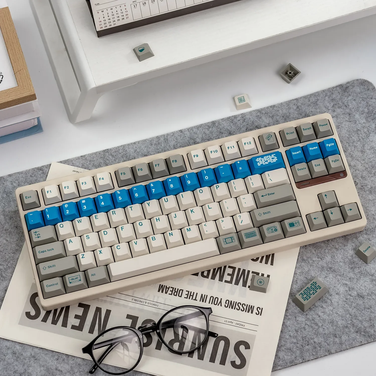 A gallery view of Retro Flooding Series Cherry Keycap Set, highlighting their classic vintage aesthetic, crisp legends, and premium feel.