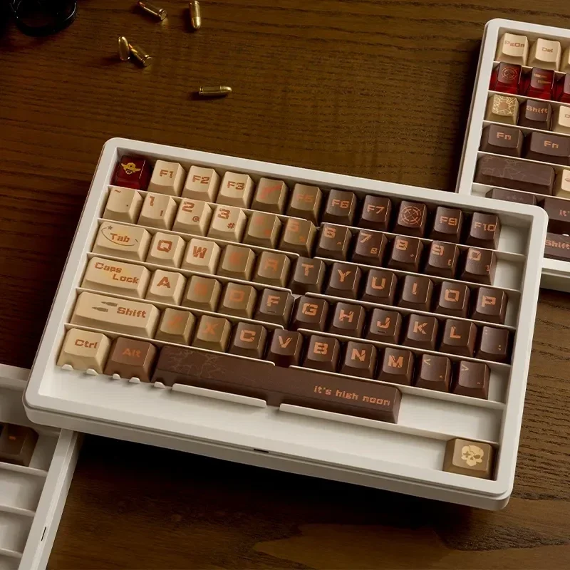 Revolver Keycap Set gallery. PBT keycaps set showcase vintage firearm motifs, industrial details, with adventurous, artistic aesthetics.