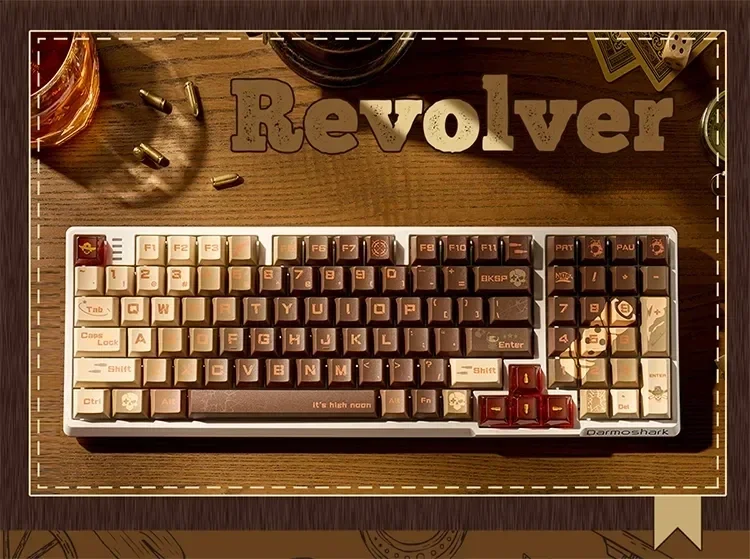 Distinctive Revolver Keycap Set, a full PBT collection with vintage firearm motifs and industrial details, creating an artistic, adventurous look.