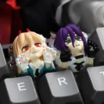 A dynamic, detailed view of the exclusive Reze Keycap, showcasing the explosive Chainsaw Man artisan collectibles intricate design for mechanical keyboard.