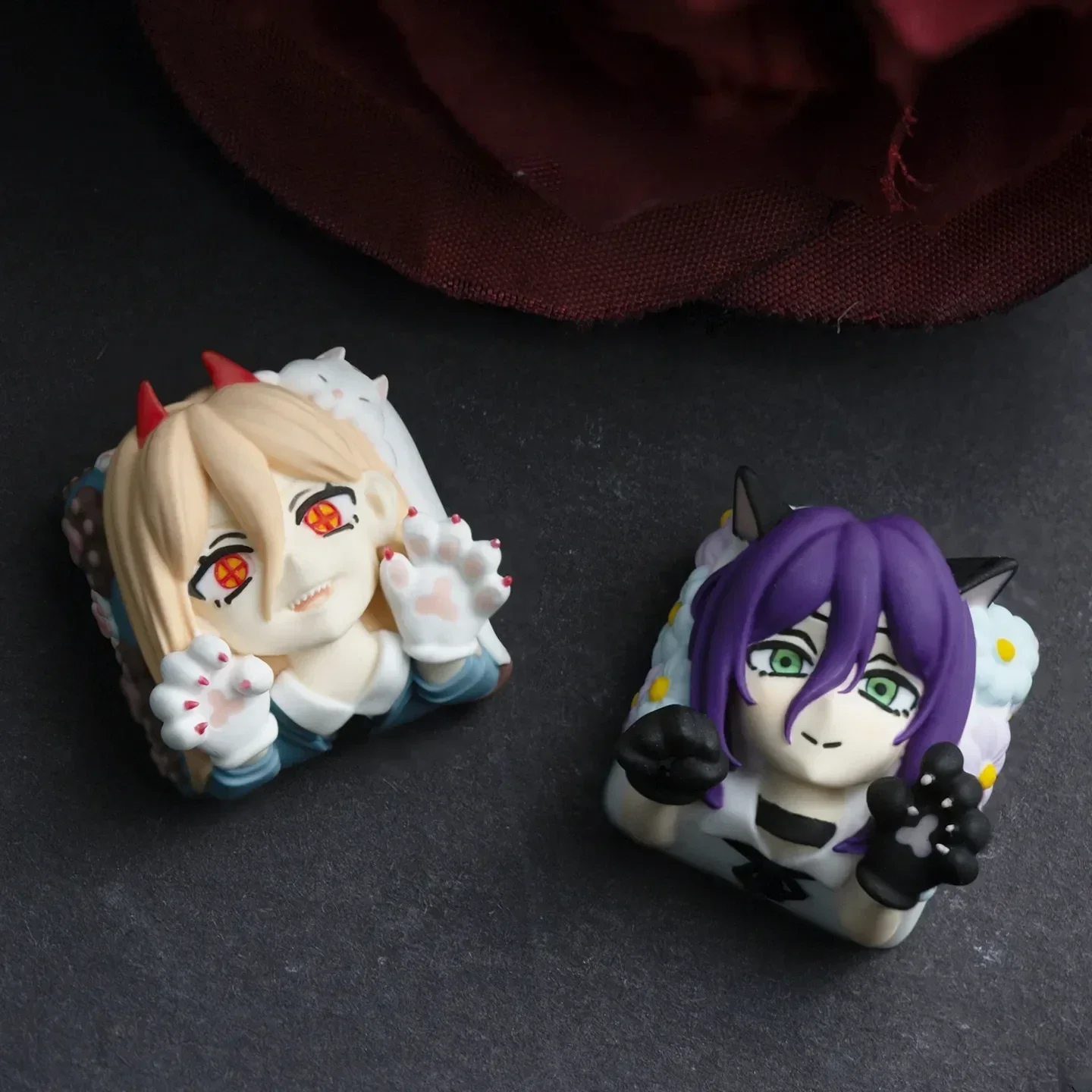 Multiple views of the exclusive Reze Chainsaw Man artisan keycap, showcasing its explosive details and dynamic artistic rendition for mechanical keyboard.