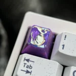 Premium Reze titanium keycap showcasing detailed Chainsaw Man anime art with explosive purple ice crystals on its polished surface.