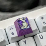 Premium Reze Titanium Keycap with explosive purple ice crystal and detailed Chainsaw Man art on polished titanium, shown from various angles.