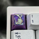 Premium Reze Titanium Keycap showcasing detailed Chainsaw Man art on polished titanium, framed by an explosive purple ice crystal.