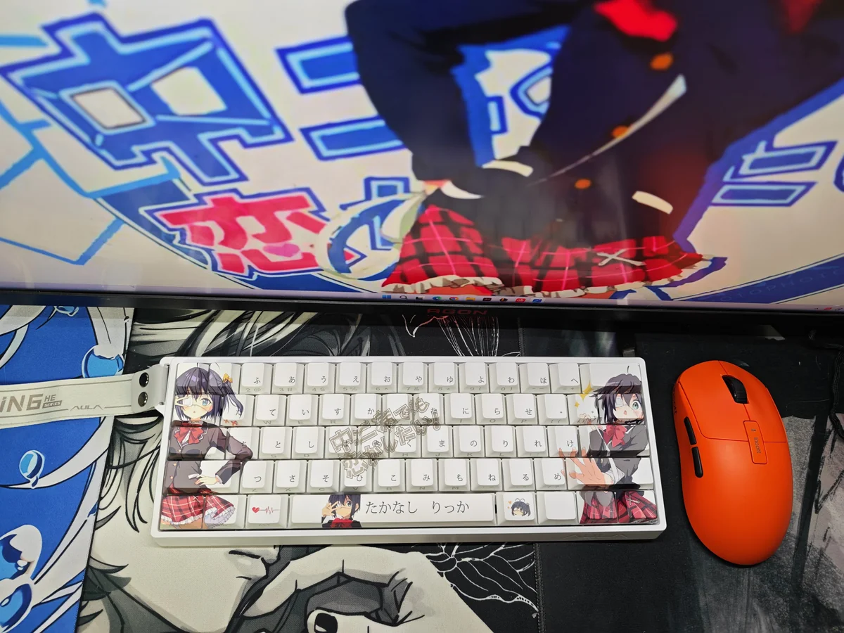 Vibrant Whimsical Rikka Keycap Set featuring Takanashi Rikka art, side-printed legends, and bright shine-through PBT for a playful look.