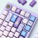 Close-up of the distinctive Robin FOA Keycap Set, showcasing their serene pastel hue and artistic design details from a unique angle.