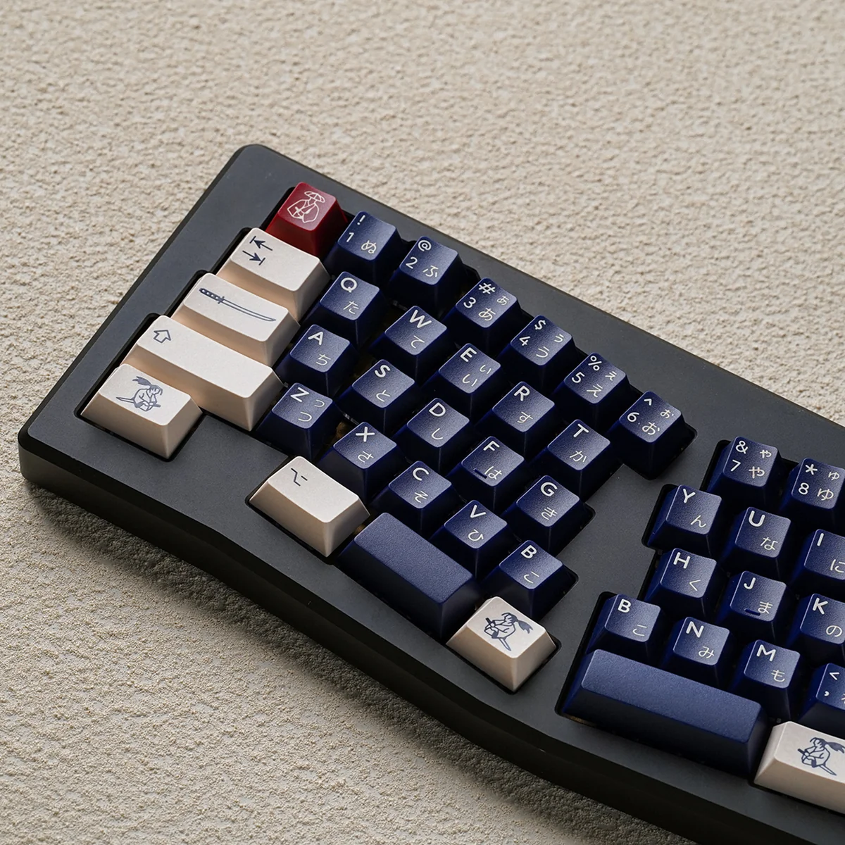 Ronin Keycaps Set from a dynamic angle, highlighting the crisp tripleshot ABS legends and the authentic Samurai Spirit aesthetic, embodying stoic elegance setup.